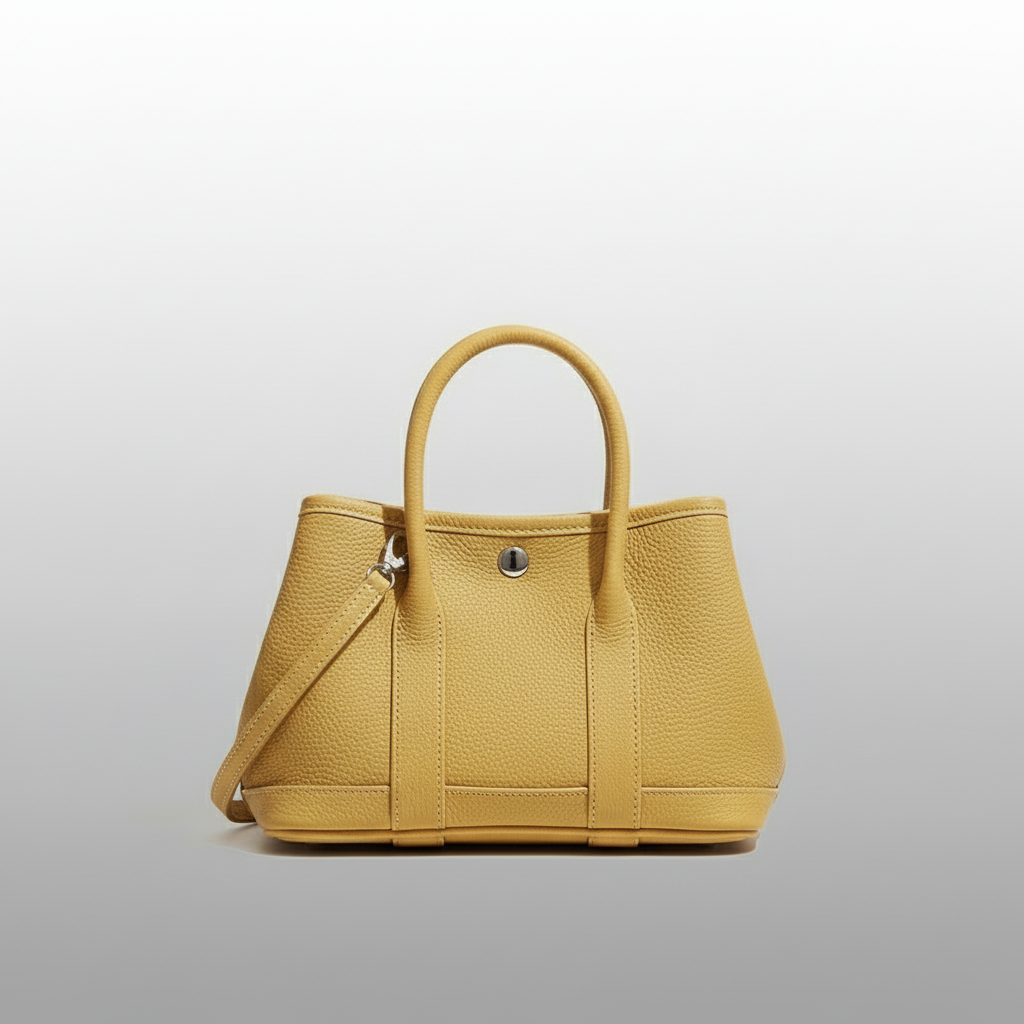 Mala amarela de frente com fundo de estúdio