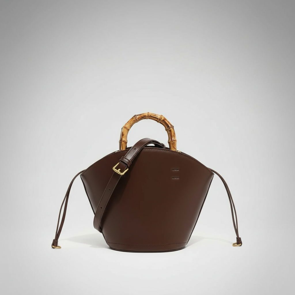 Mala castanha afastada com fundo de estúdio