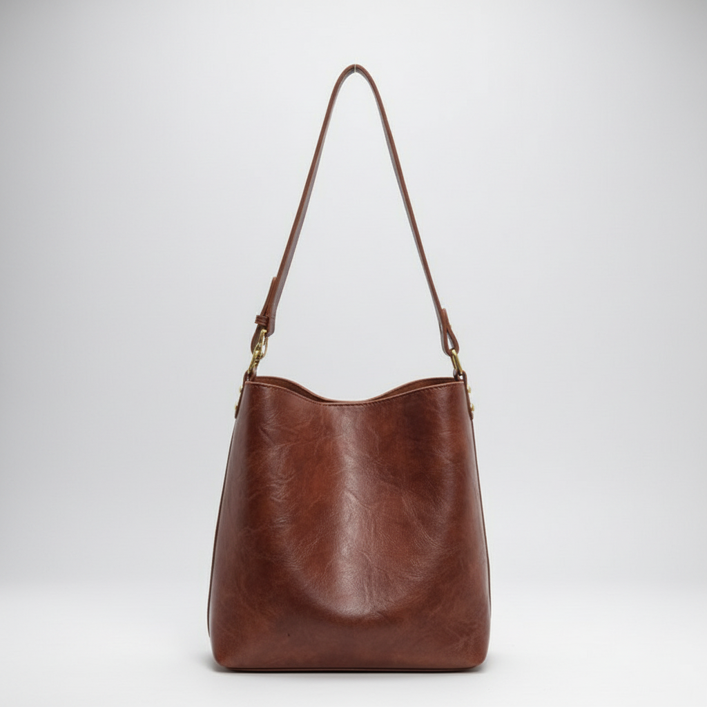 Mala castanha clara com fundo de estúdio