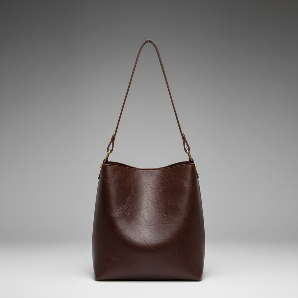 Mala castanha escura com fundo de estúdio