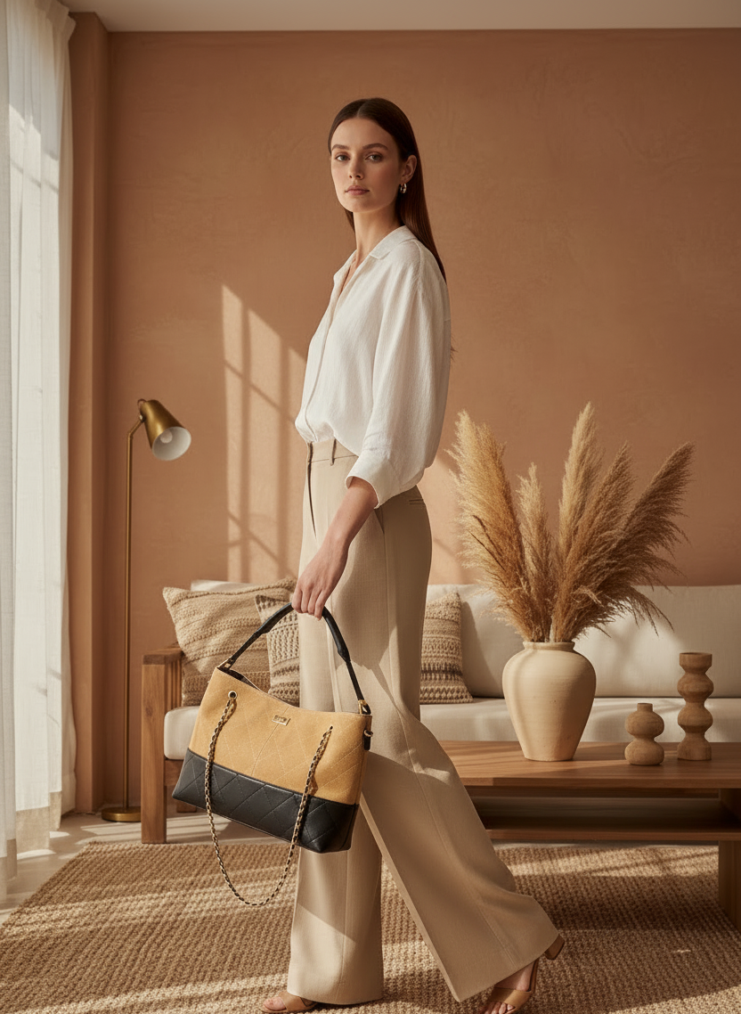 Modelo em movimento com mala bicolor