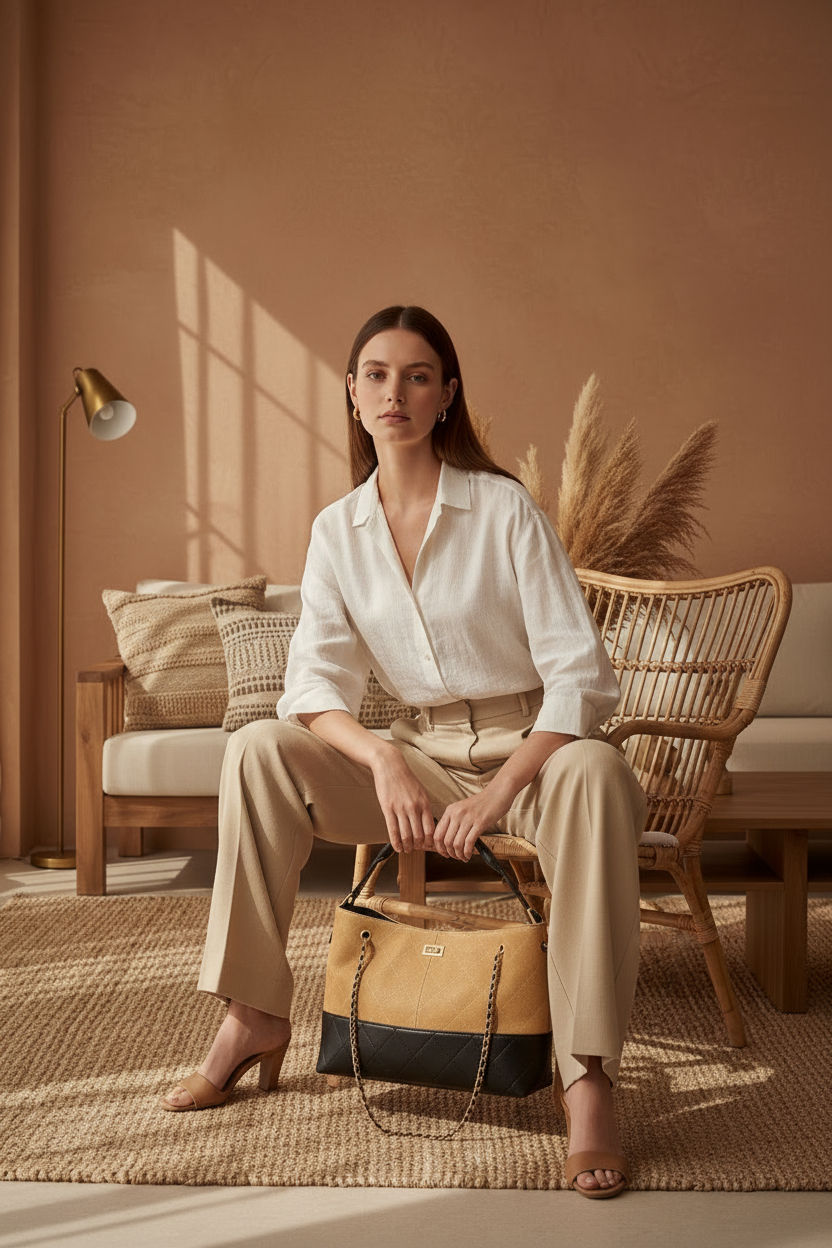 Modelo sentada com mala bicolor